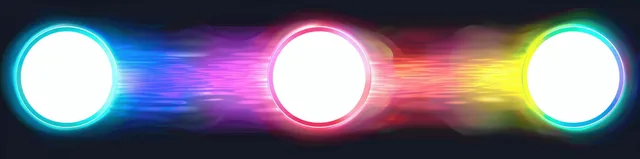 Neon rainbow light streak with three glowing circles on dark background