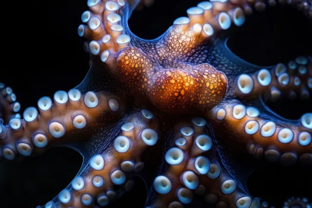 Close-up octopus tentacles gripping underwater rocks with suction cups glowing in blue light