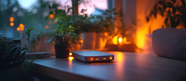 A modern Wi‑Fi router on a living room table with small potted plants and warm evening window lights.