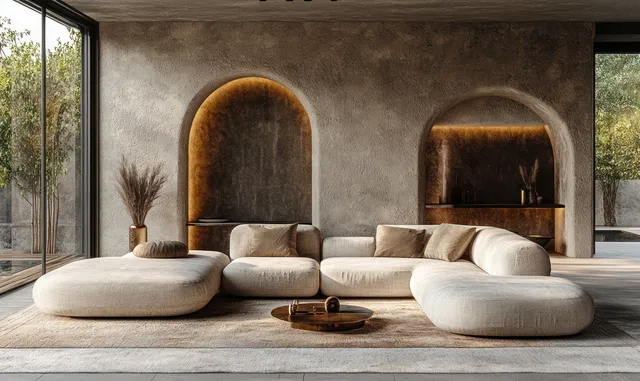 Low white sectional sofa sits in a minimalist living room beneath warm arched niches with soft daylight.