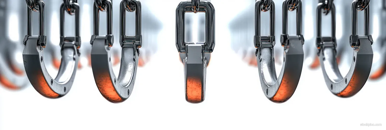 Rows of shiny steel handcuffs hang against a blurred white background with orange reflections.