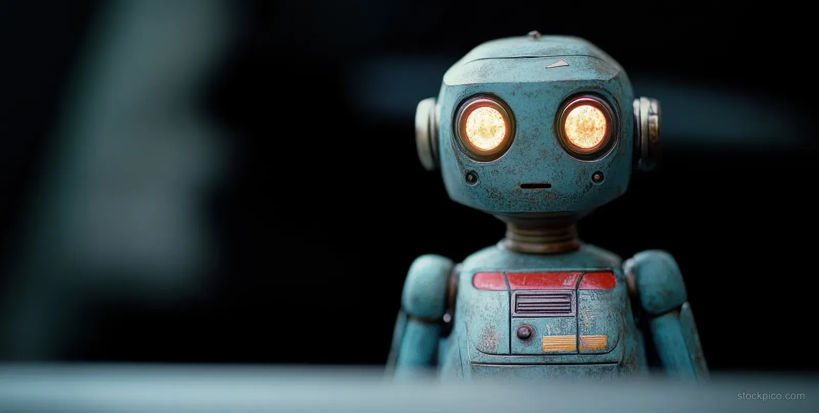 Vintage blue robot with glowing round eyes stands alone against a dark blurred background.