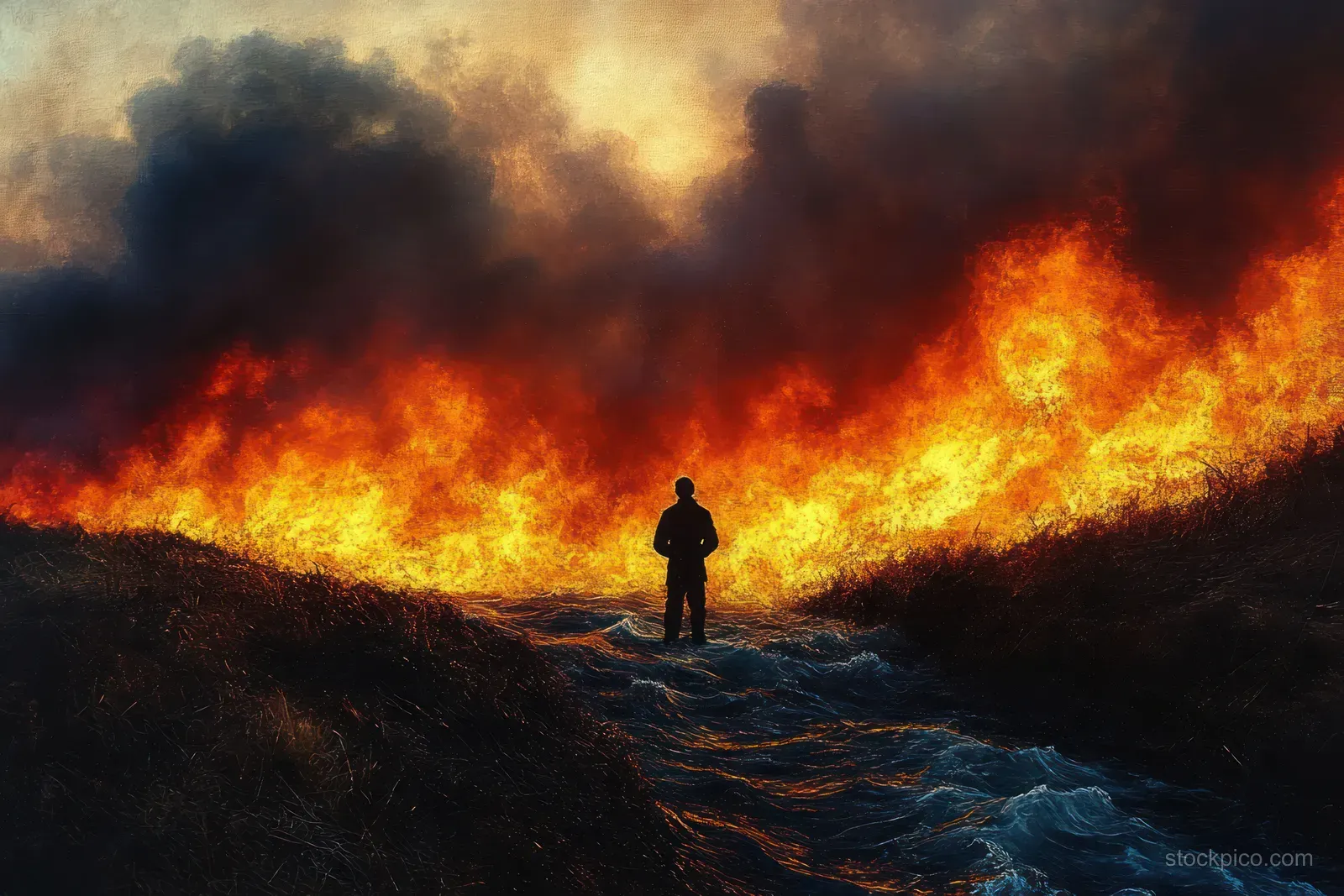 A lone silhouette stands on a smoky path as wildfire flames blaze across a dark dusk landscape.