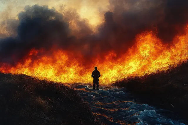 A lone silhouette stands on a smoky path as wildfire flames blaze across a dark dusk landscape.