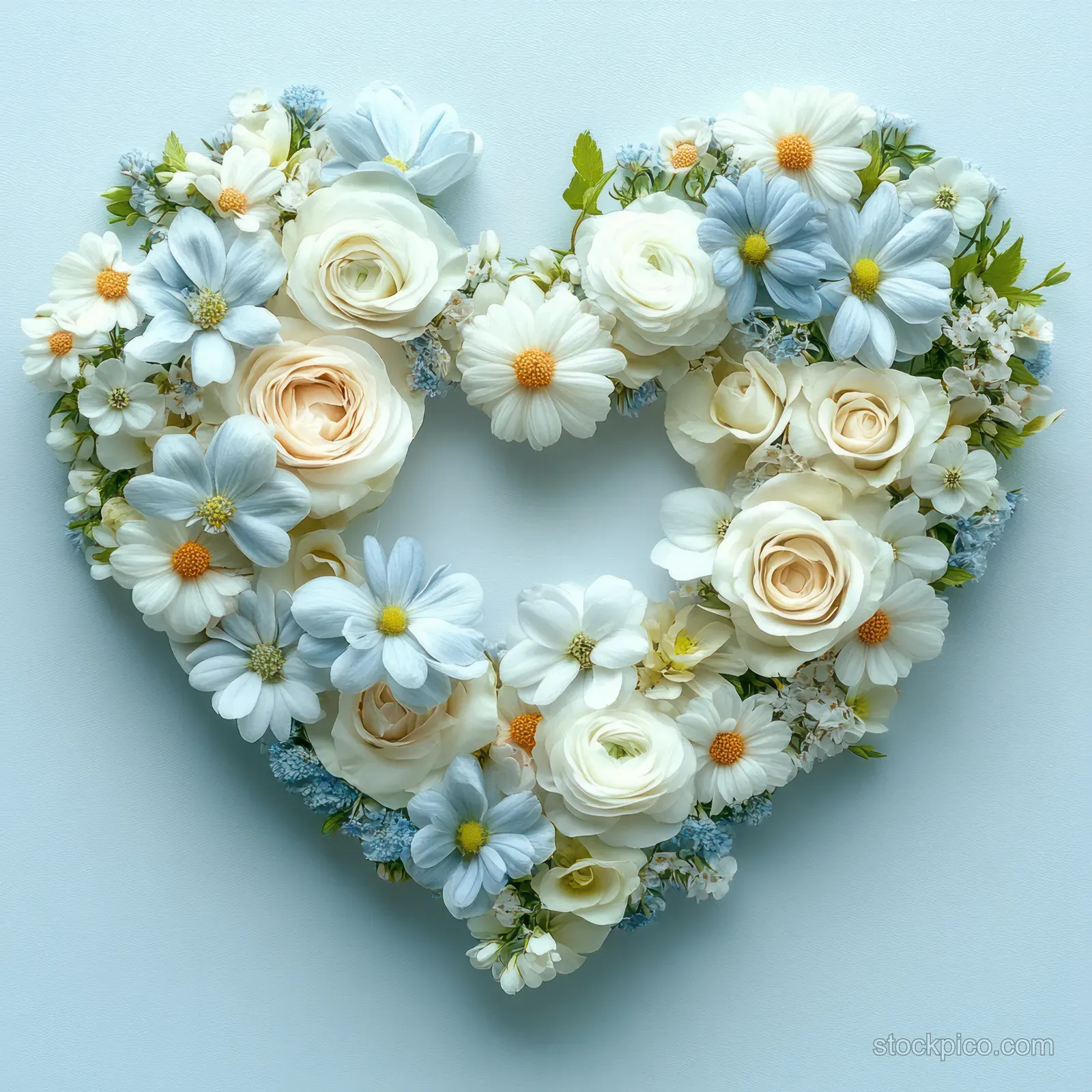 Heart-shaped bouquet made of white roses and pale blue daisies on a soft light background.