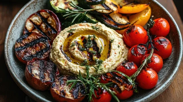 Grilled vegetables and cherry tomatoes on a plate with a creamy herb dip garnished with rosemary and olive oil.