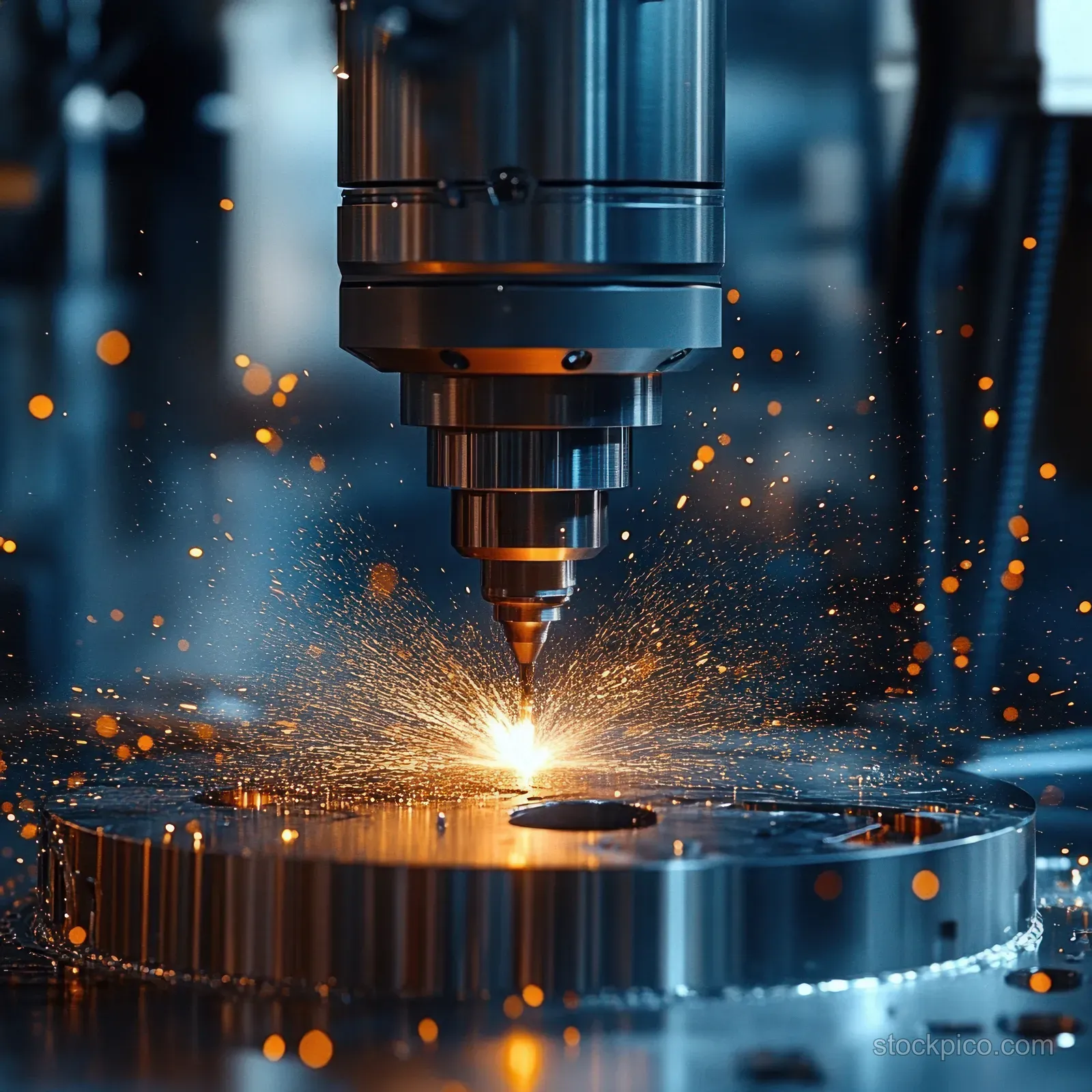 A cutting tool machines a circular metal part, ejecting bright sparks onto the work surface in a factory setting.