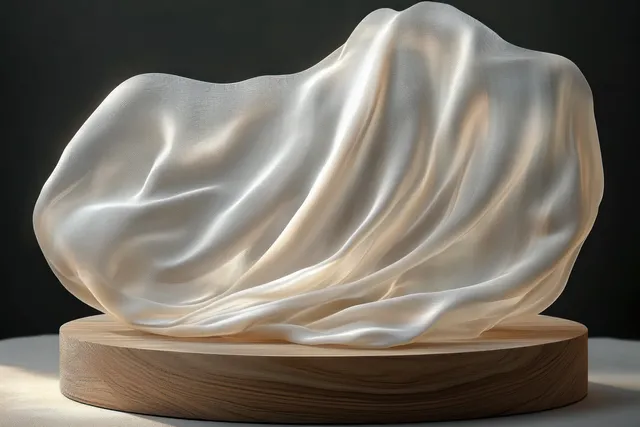 Wooden pedestal with flowing white silk drape and soft studio light on dark backdrop