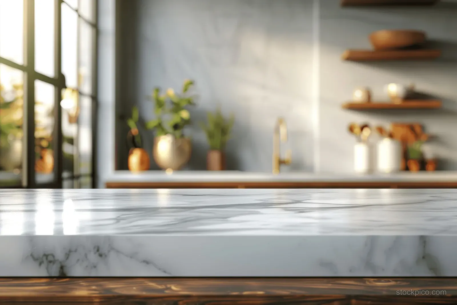 White marble kitchen countertop close-up with daylight from a window and softly blurred shelves behind it.