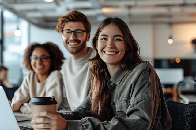 Smiling young professionals collaborate at office desks with coffee cups and coworkers behind