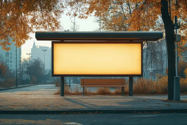Empty bus stop shelter with a glowing advertisement panel and bench on a quiet autumn city street.