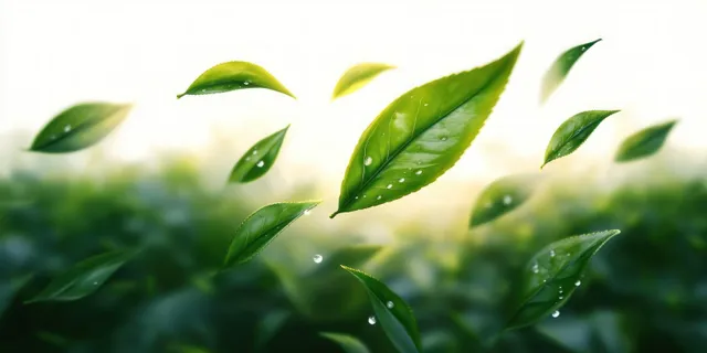 Green leaf close-up with dew droplets suspended above a softly blurred botanical background