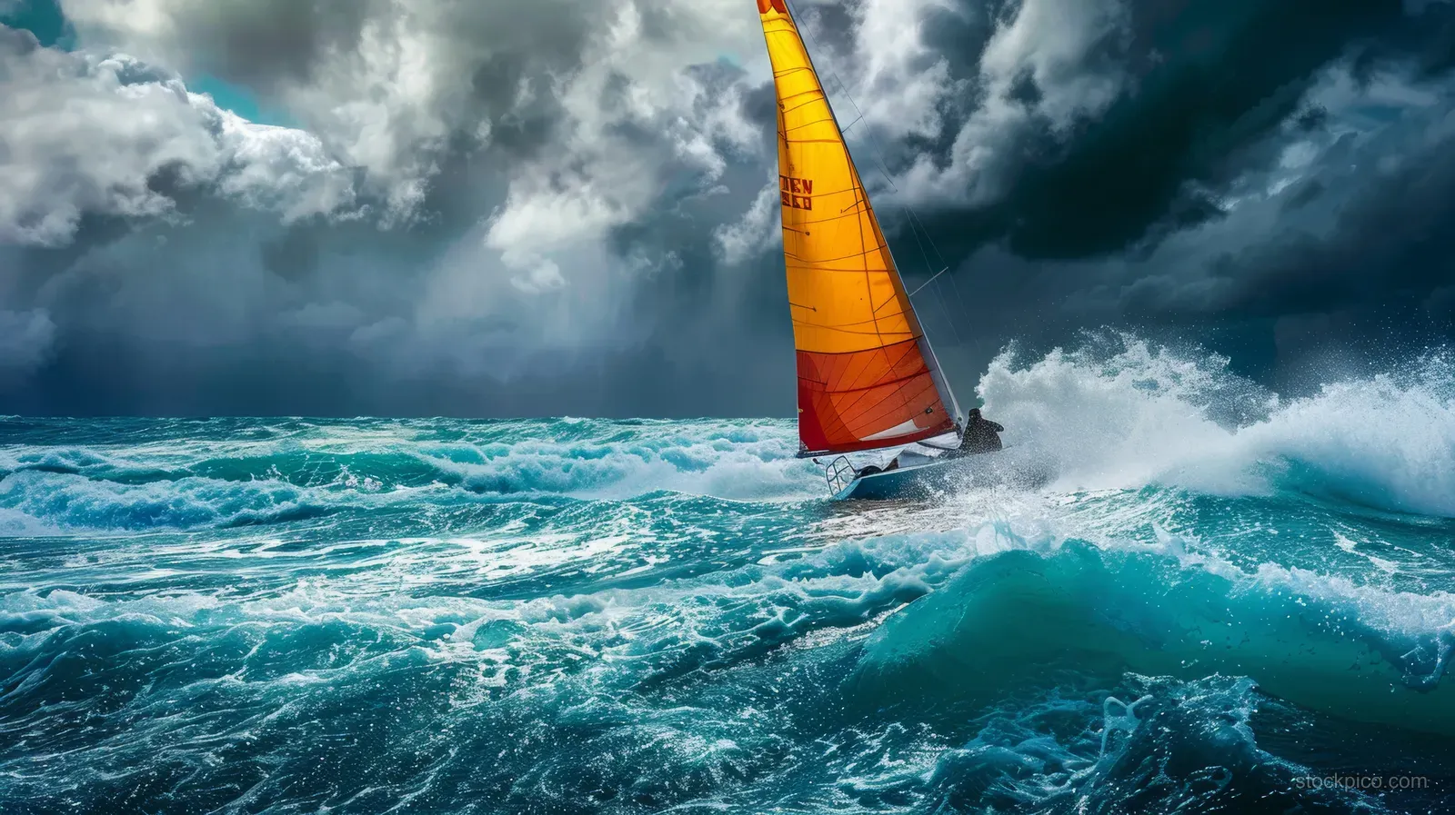 A Finn dinghy sailor leans forward in a yellow-orange sail as rough waves crash under dark storm clouds.
