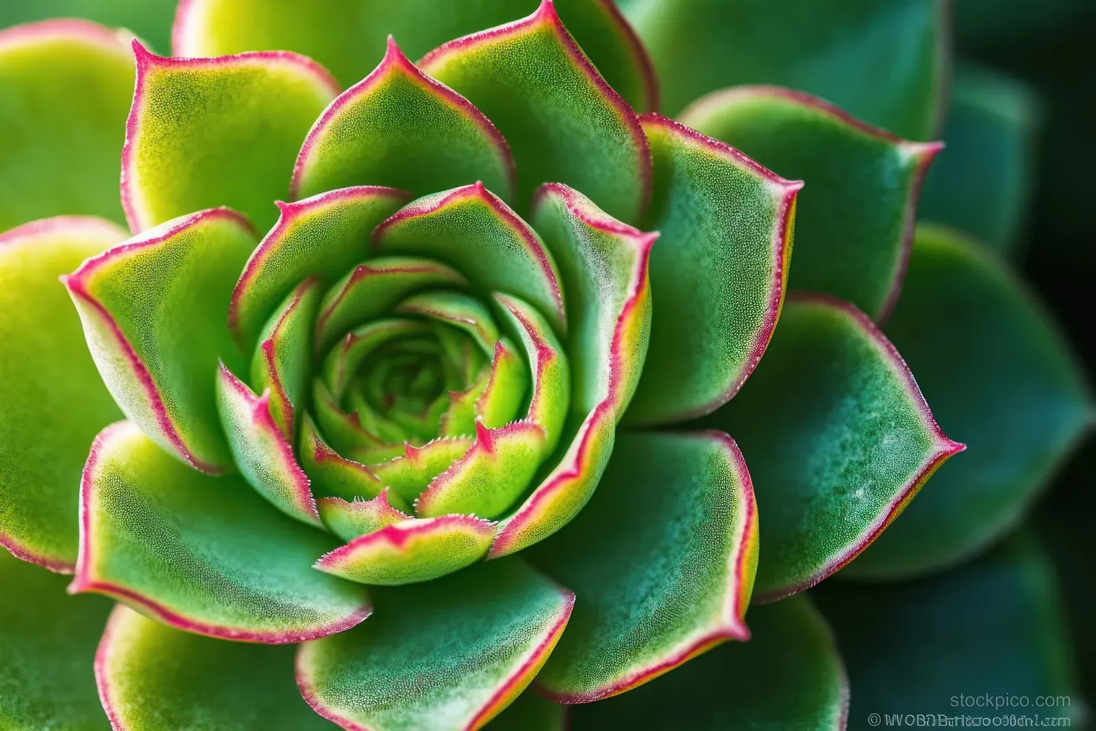 Green succulent rosette with fleshy pointed leaves edged in red, arranged in a tight spiral close-up.