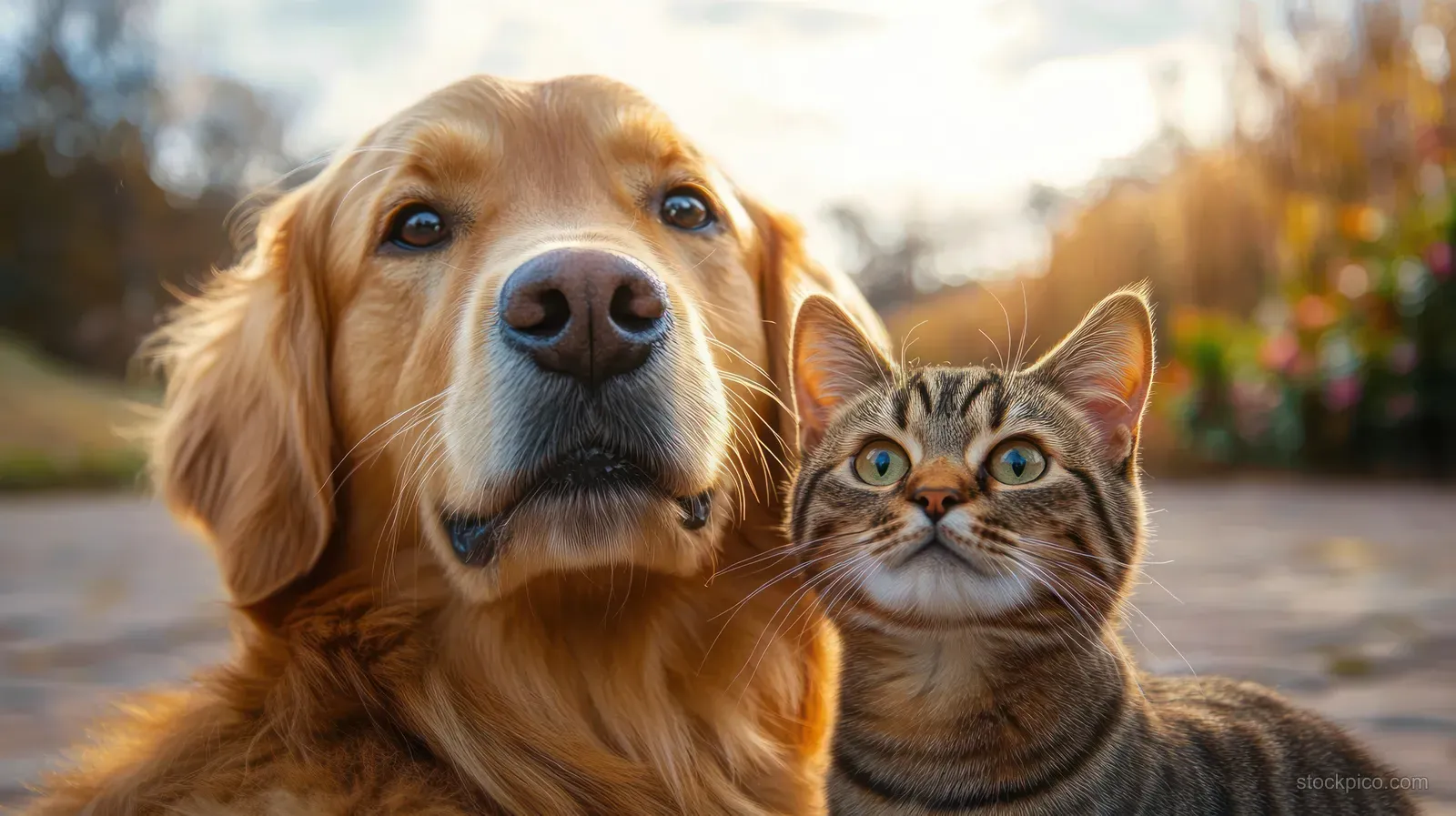 Golden retriever and tabby cat sitting outdoors with attentive expressions in soft natural light.