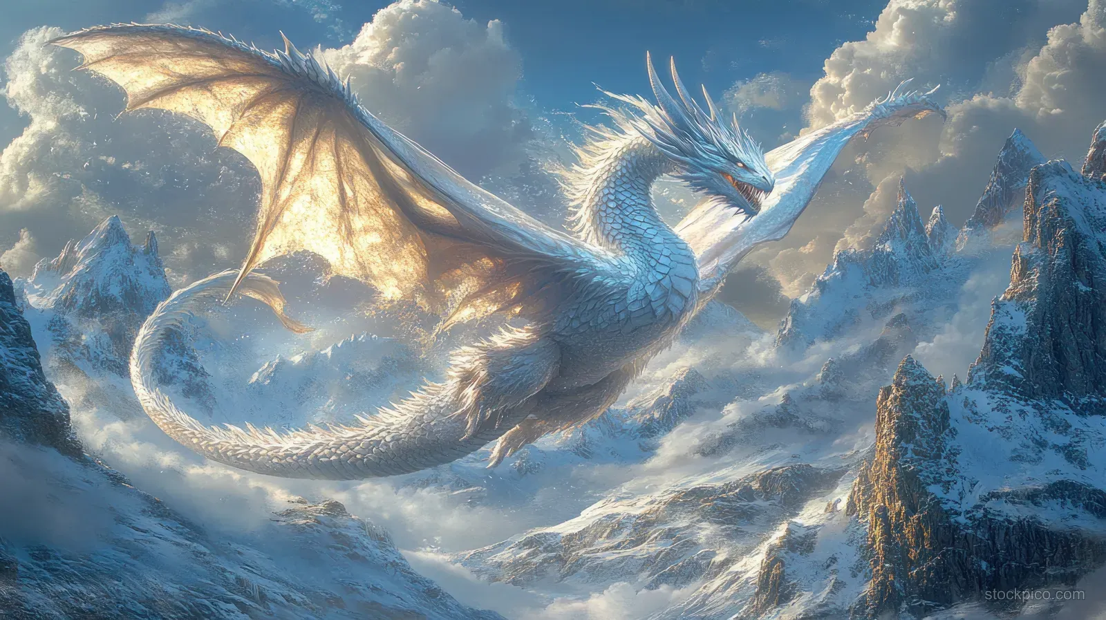 An ice dragon with crystal-blue wings soars over snow-covered mountains under cloudy winter skies.