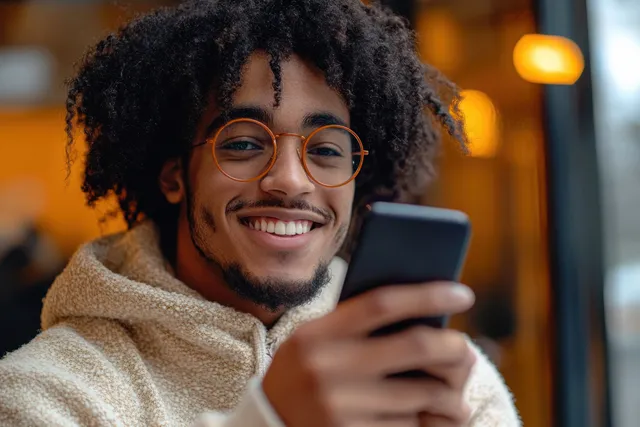 Young man with curly hair and round glasses smiling while using a smartphone indoors