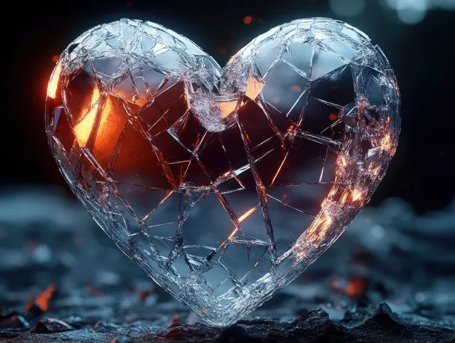 A cracked glass heart glows with fiery orange light through fractures against a dark textured background.