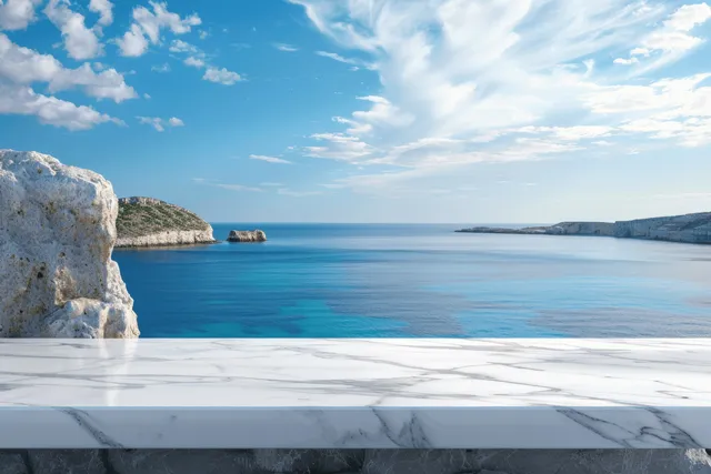 White marble tabletop on a seaside overlook with blurred ocean horizon and bright sky behind.