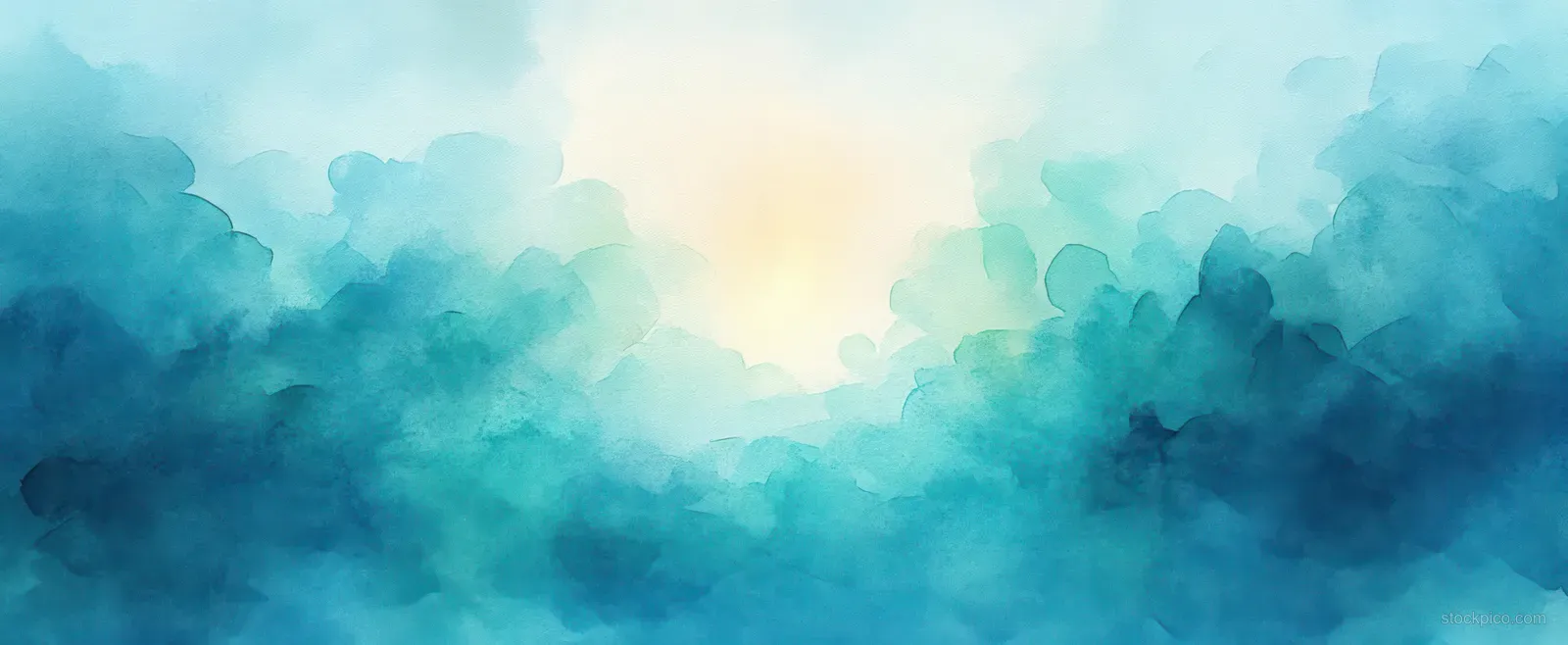 Blue and green watercolor clouds form an abstract sky with a bright cloudy white center.