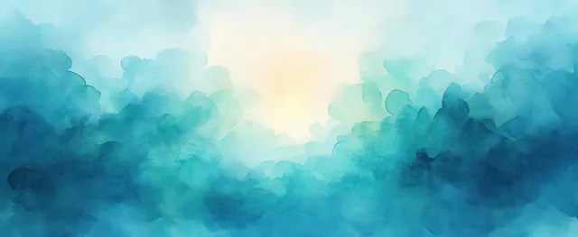 Blue and green watercolor sky background with cloudy white center and soft wet-on-wet texture