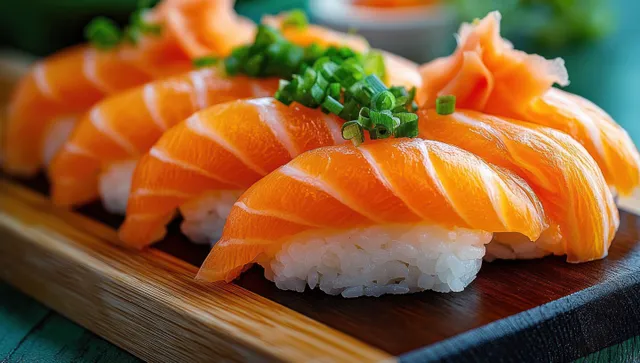 Close-up of fresh salmon nigiri topped with green onions on a rustic wooden platter.