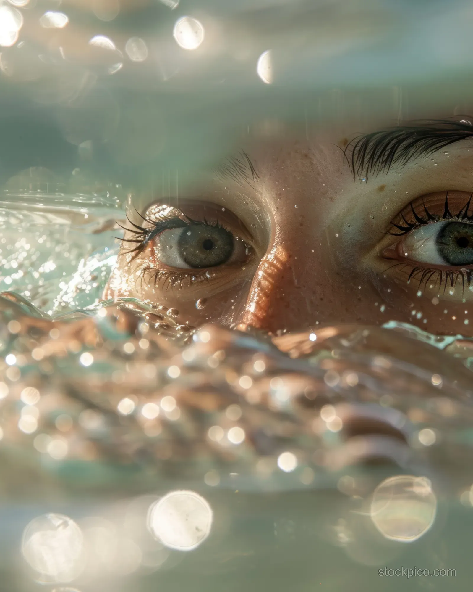 An American female swimmer performs a backstroke in sunlit water, with ripples and reflections visible.