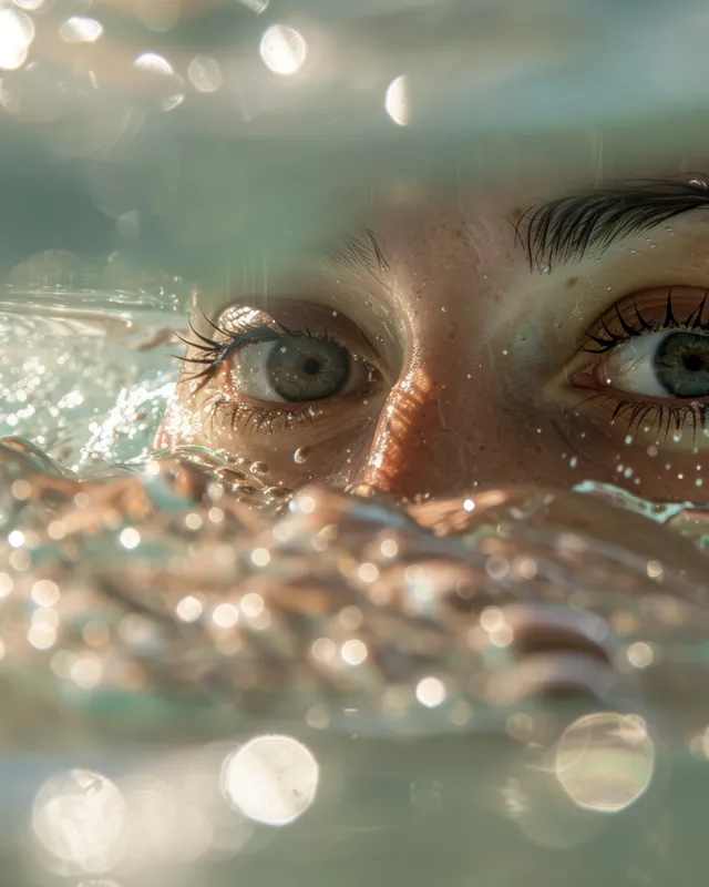 An American female swimmer performs a backstroke in sunlit water, with ripples and reflections visible.