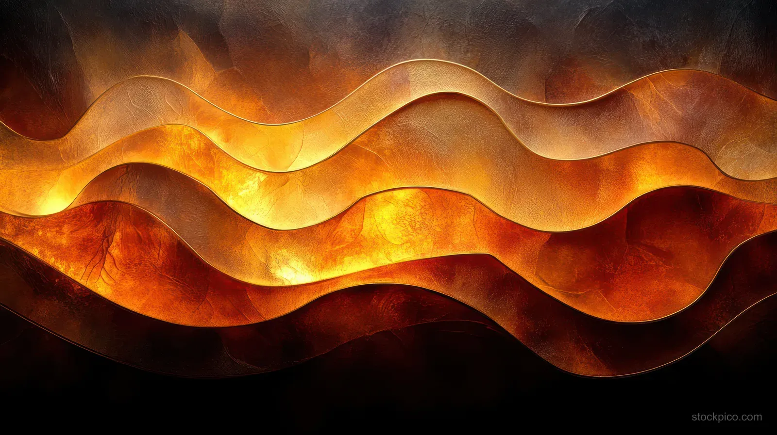 Abstract Aboriginal-inspired wave pattern with glowing amber curves over a dark background.