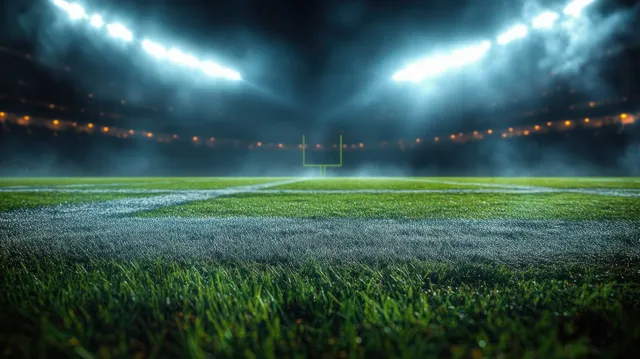 Football goal and yard lines on green turf beneath bright stadium lights at night.