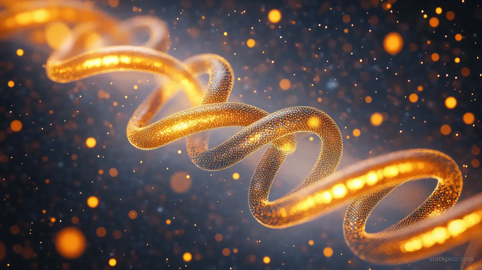 Golden 3D hair fiber strands float amid sparkling particles in a dark, glowing scientific scene.