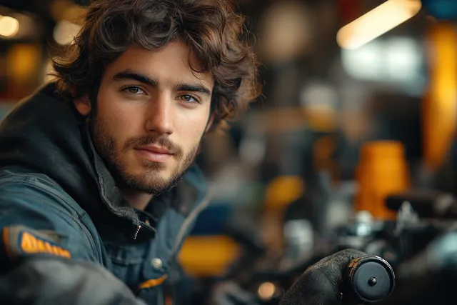 Mechanic in a garage leaning over an open car engine while inspecting parts with handheld tools.