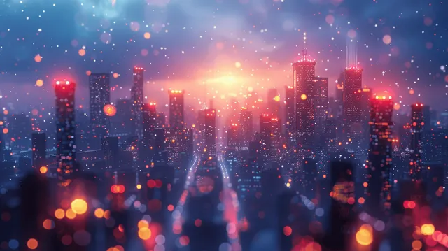 Snow falls over a night city skyline with illuminated skyscrapers and colorful bokeh lights.