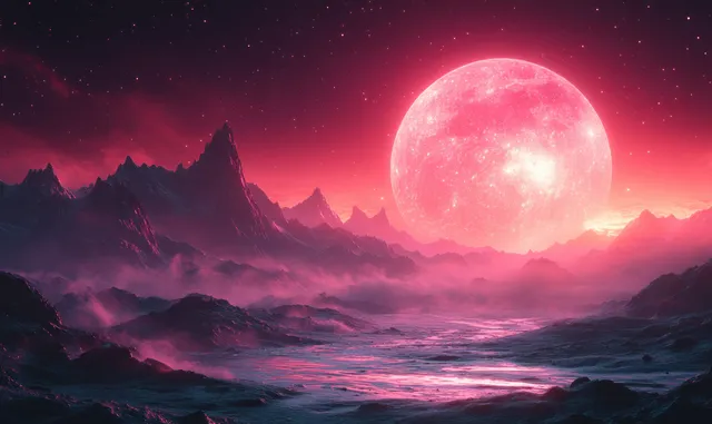 Neon cyberpunk grid and holographic lines glow over a moonlit mountain landscape at night.