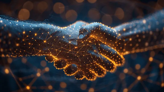 A futuristic handshake represents global partnership amid a digital financial network with data points and market charts.