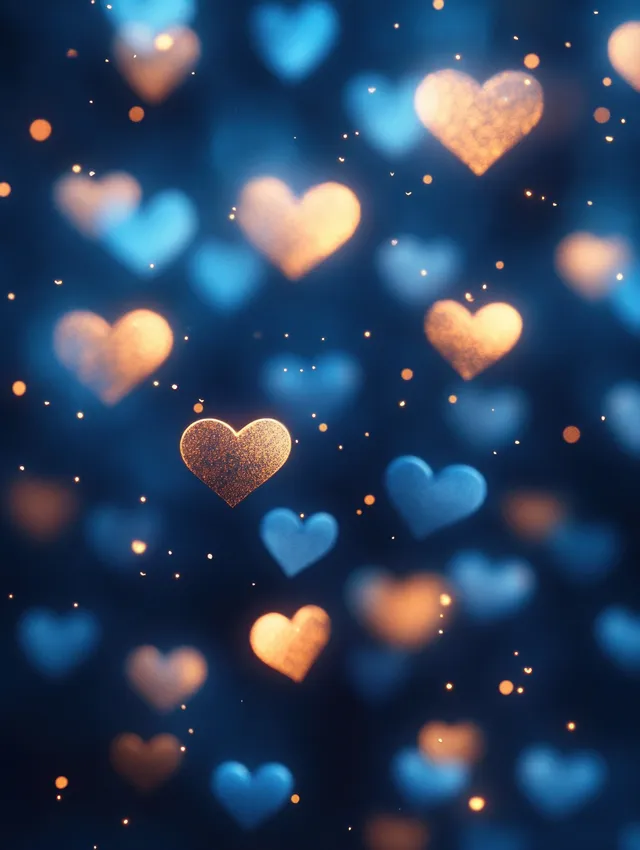 Golden and blue hearts float over a dark blurred background with small sparkling light particles.