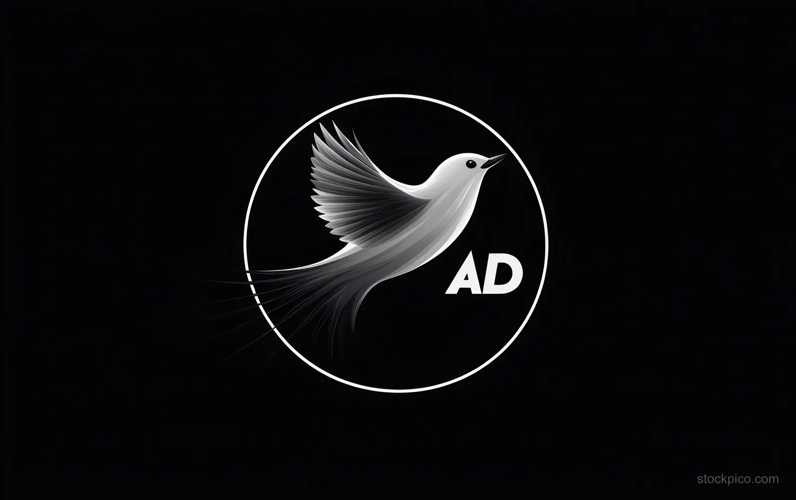 A stylized grayscale bird in mid-flight sits inside a white circular emblem on a black background with an AD monogram.