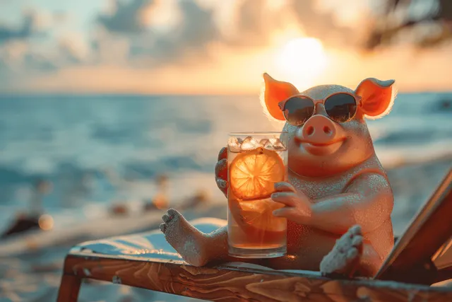 A cute pig with sunglasses lounges on a beach chair holding a tropical drink as the ocean sunset glows behind it.