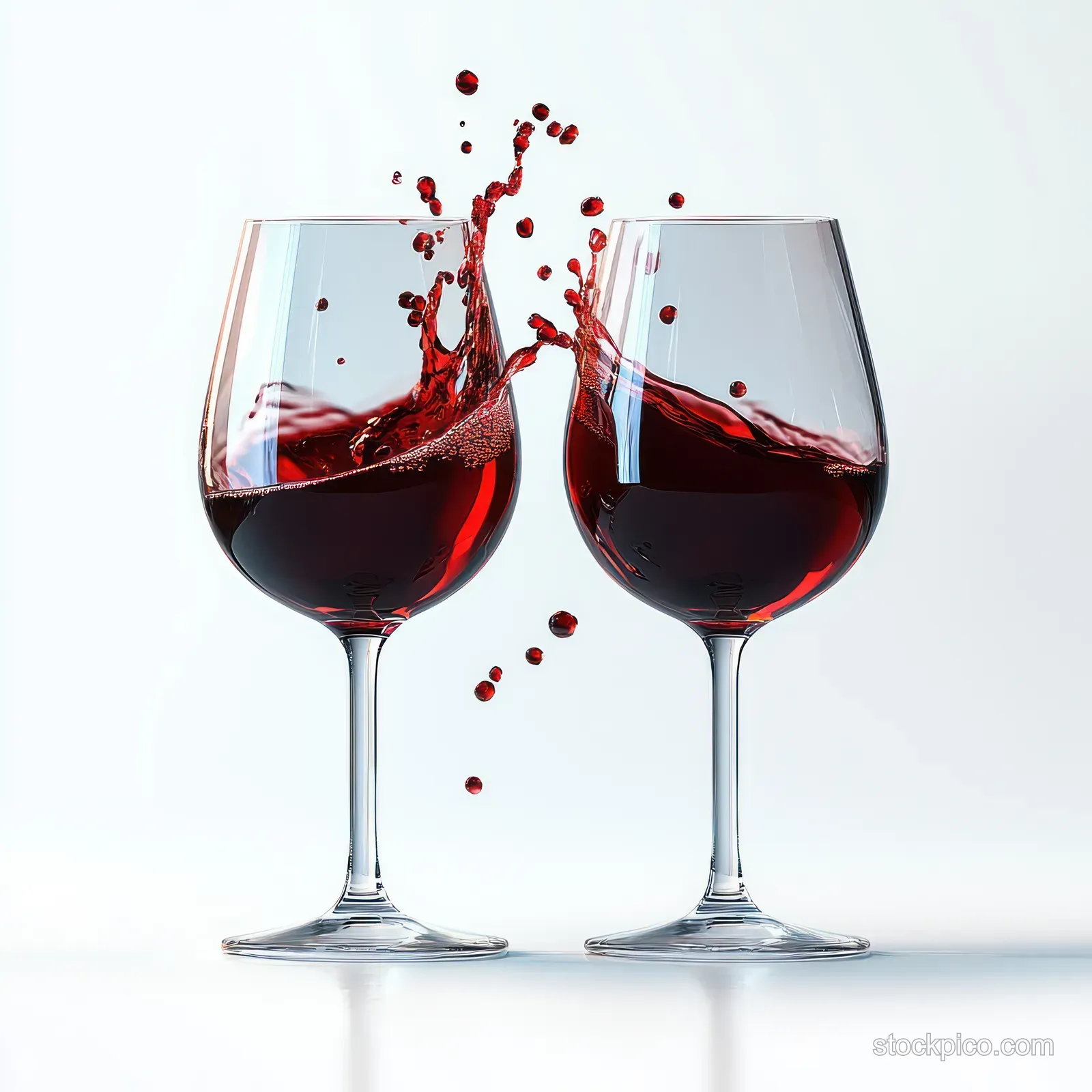 Two red wine glasses clink with splashing droplets captured against a clean white background.