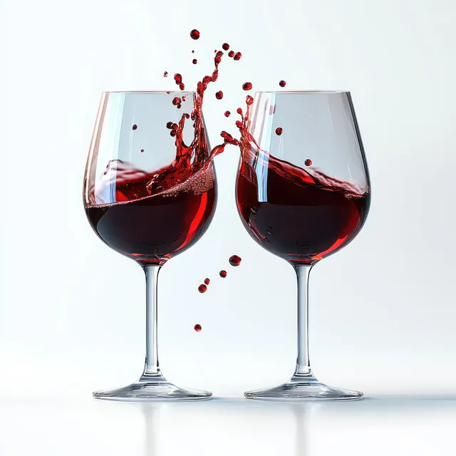 Two red wine glasses clink with splashing droplets captured against a clean white background.