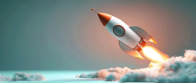 A rocket launches above fluffy clouds with a bright orange flame against a pastel green background.