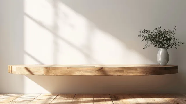 Sunlit minimalist wooden shelf against a white wall with a small vase and sharp shadows.