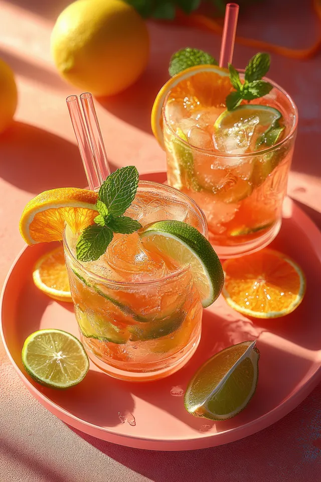 Two glass citrus iced drinks with mint, lime, and orange slices on a pink tray in warm sunlight.