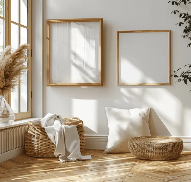 Scandinavian living room with two gold-framed A4 mockup posters on white wall