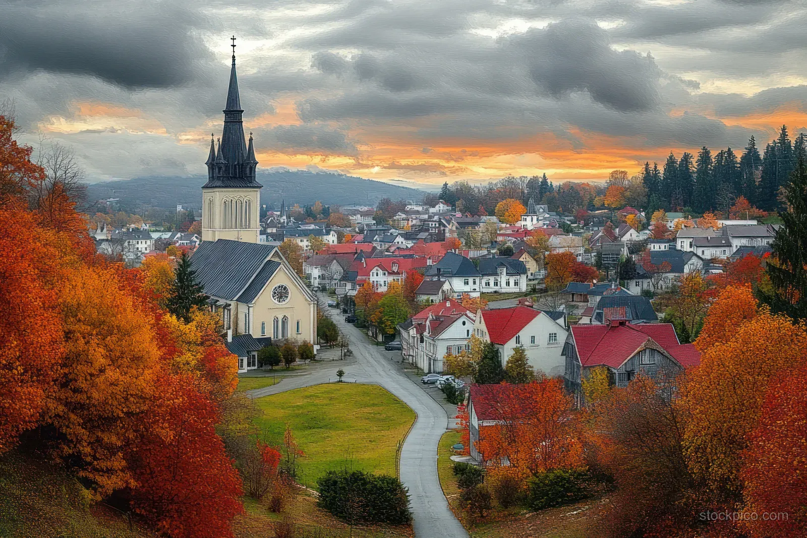 Aerial panorama of Saint Catherine’s church and colorful autumn town roofs with the Tatra Mountains behind at sunset.