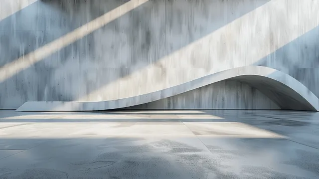 Empty concrete interior with large window sunlight creating sweeping diagonal shadow lines on the floor.