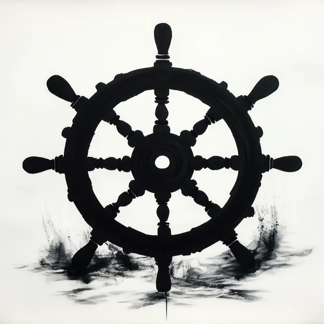 Black ship steering wheel silhouette on white background with water splash beneath it.
