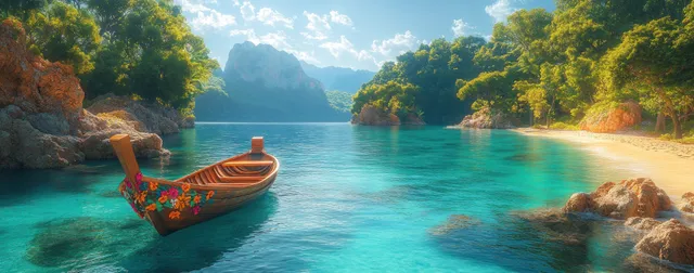 A traditional long-tail boat rests on turquoise water near rocky tropical shorelines under bright sunlight.