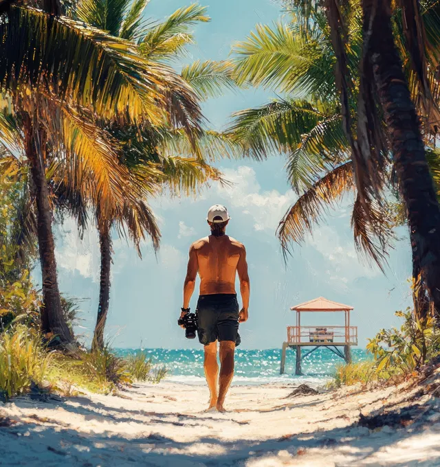 Barefoot man walking along sandy palm-lined path toward lifeguard tower by sparkling ocean