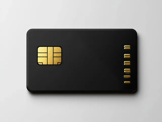 Close-up of a black credit card with gold chip and contact lines on white background